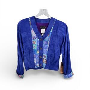 VTG Carole Little blouse 8P geo print button front blue deadstock NEW USA made